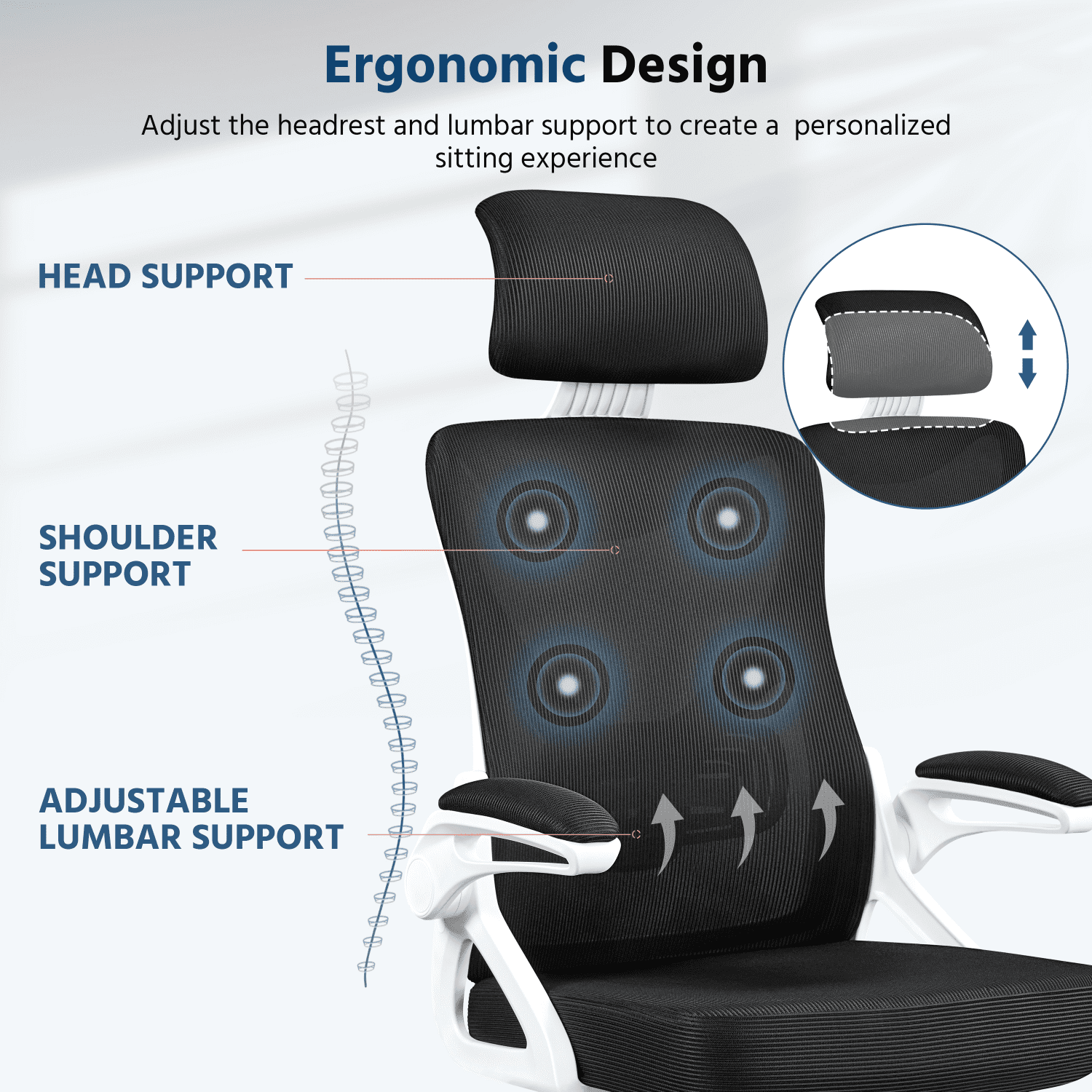 Alden Design High Back Ergonomic Mesh Office Chair with Adjustable Padded Headrest, White/Black