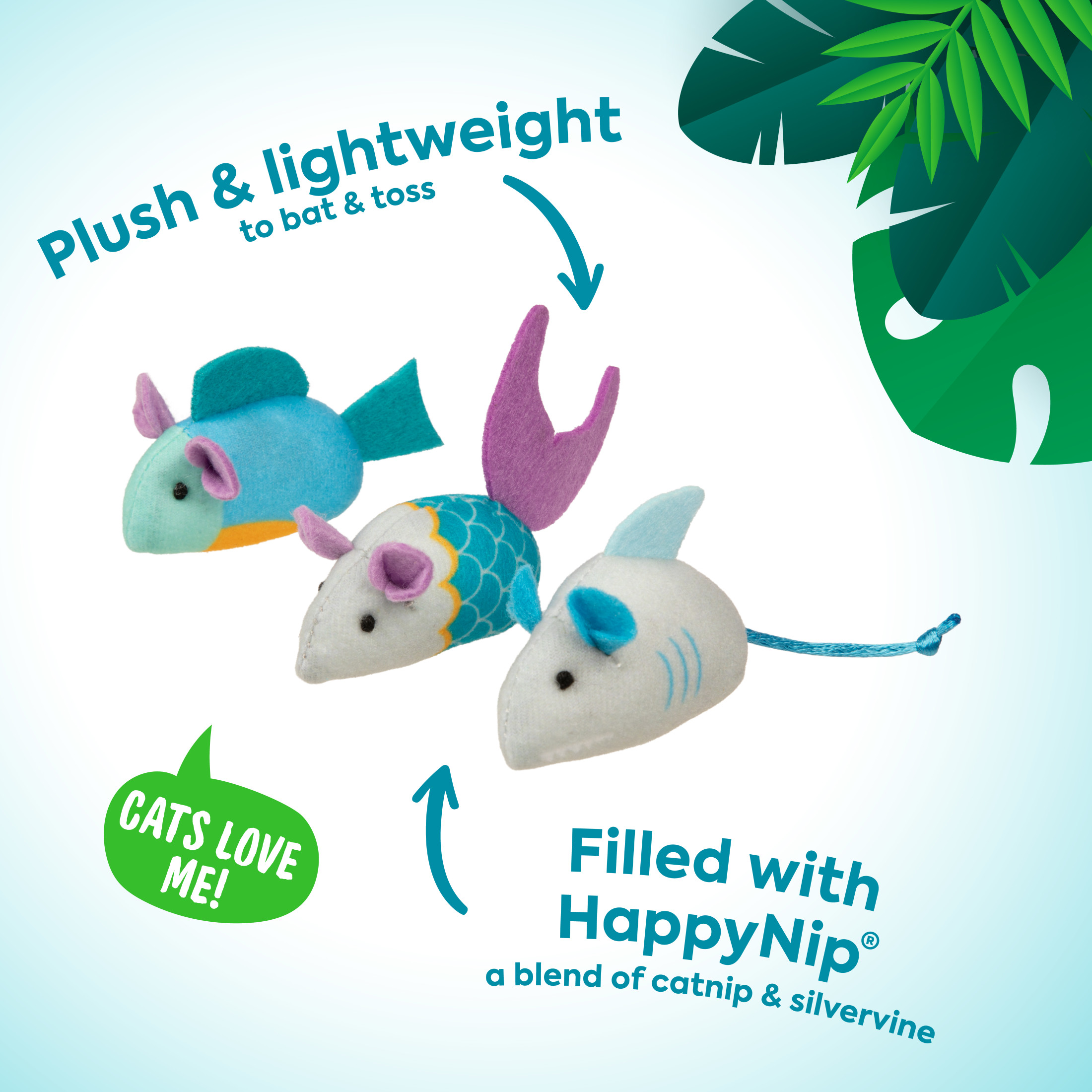 Instincts by SmartyKat Sea Life Skitters Catnip and Silvervine Cat Toys, Set of 10, Small Plush Mice with String Tails