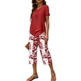thumbnail image 5 of Krdevn Womens Casual 2 Piece Outfits Short Sleeve Irregular Top Leaf Print Capri Pants Summer Daily Wear Set,XXL, 5 of 7