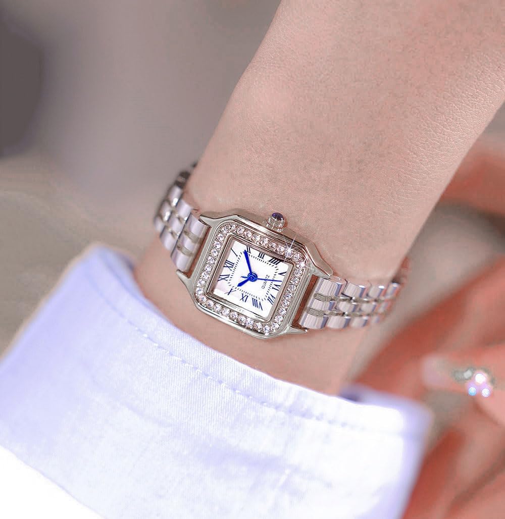 Gold Watches for Women Dainty Square Vintage Watches Luxury Ladies Diamond Accent Dress Stainless Steel Bracelet Watch Analog Quartz Waterproof Watch