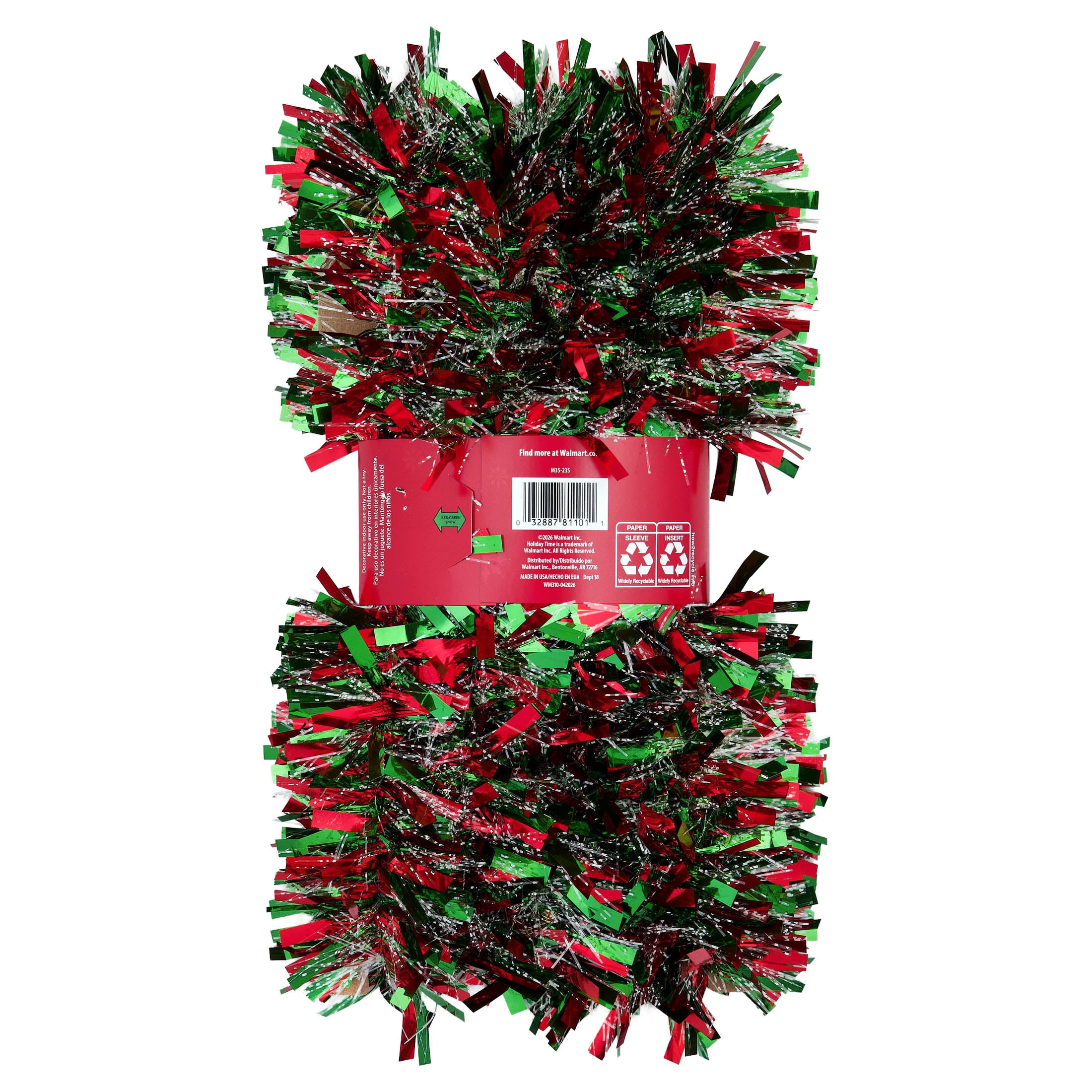 Tinsel Christmas Garland, Red/Green/White, 12', by Holiday Time