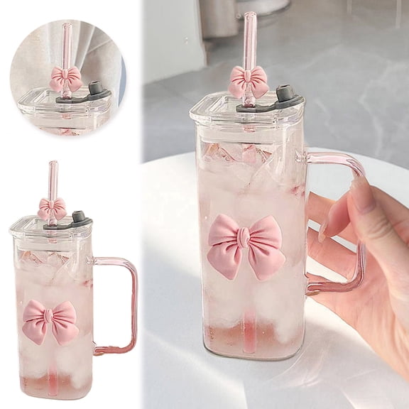 1PC Bow Shaped Square Transparent Glass Cup with Lid Straw and Handle Heat Resistant Glass Tumbler Suitable for for Water Juice Iced Coffee Milk Tea