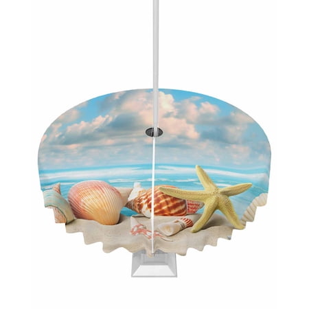 Beach Conch Shells Summer Ocean Nautical Round Tablecloth with Zipper Waterproof Table Cloth with Umbrella Hole Patio Tablecloths for Outdoor Tables Blue Sky White Clouds Spillproof Table Cover
