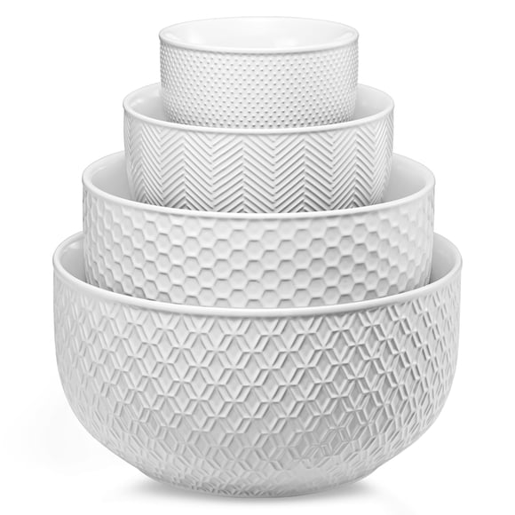 KooK Bols à Mélanger en Céramique, Ensemble Emboîtable de 4, Vaisselle de Cuisine Gaufrée, Préparation, Service, Cadeau, Va au Micro-Ondes et au Lave-Vaisselle, 20/44/98/145 oz, Narbonne