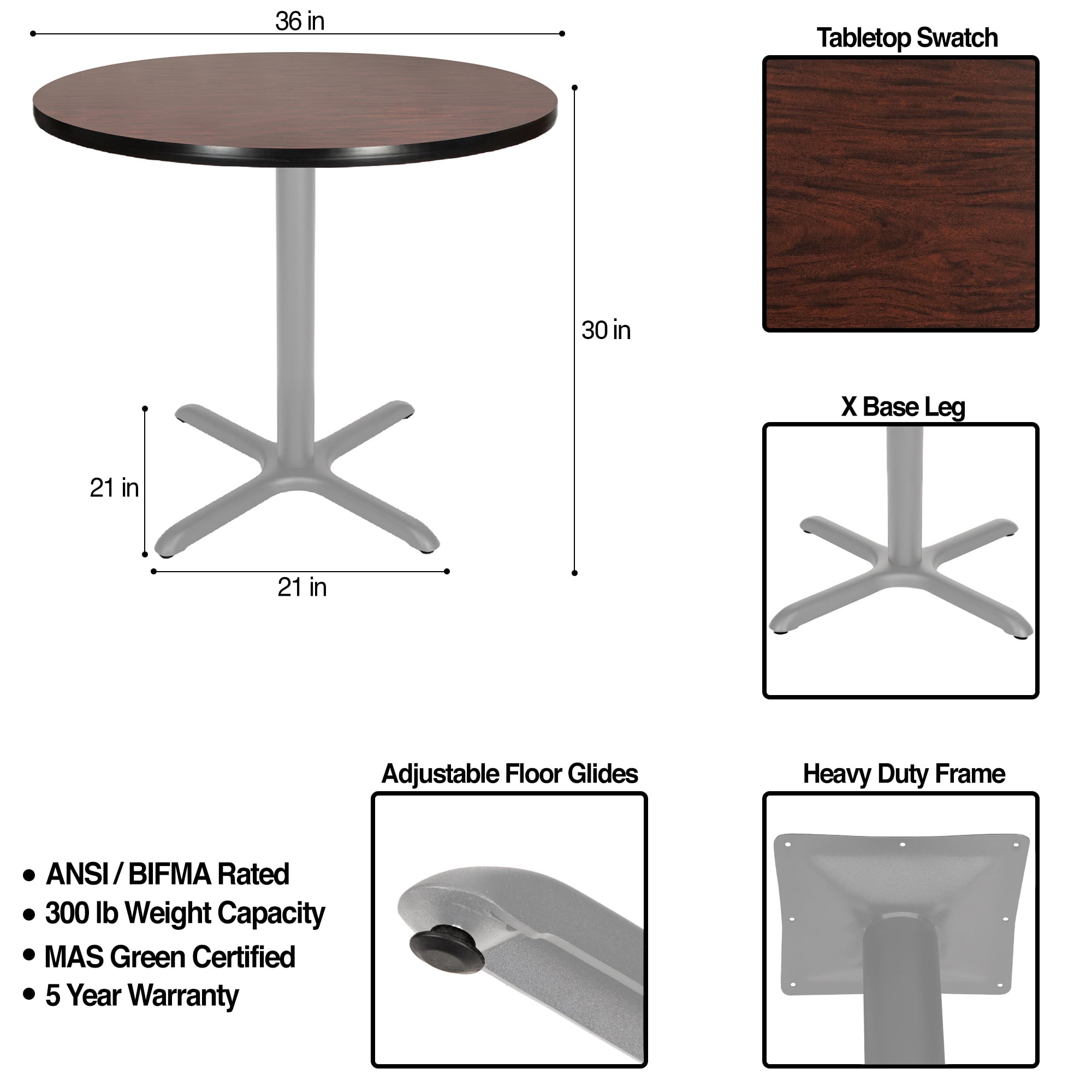 Hampden Furnishings Bennet Collection Steel Frame 36" Round Top, X Base, 30" Height, Cafe Table Grey Frame/Mahogany Top