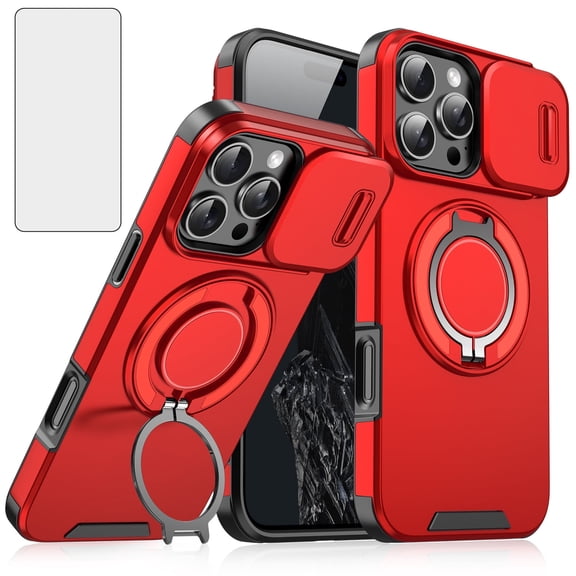 Asuwish Compatible with iPhone 16 Pro 6.3 inch Phone Case Slide Camera Cover Tempered Glass Screen Protector Stand Ring Holder Rugged Slim Cell for i Phone16 i16 16Pro Women Men Red