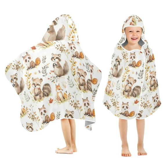 Toddler Hooded Beach Towel 24x50 Kids Bath Towels Soft Quick Dry for Swim Pool Boys Girls Cartoon Raccoon Fox