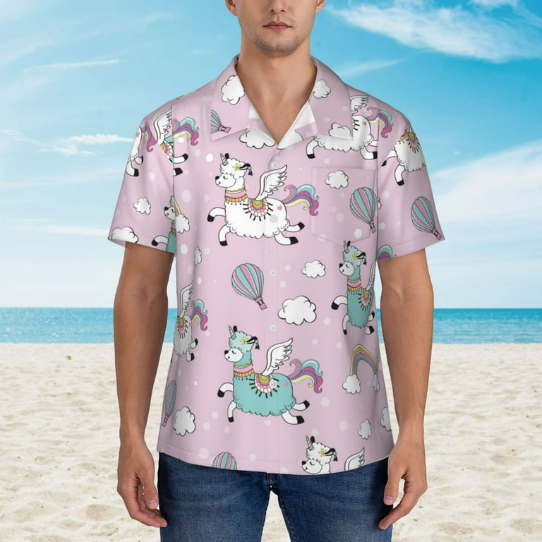 Pofeuu Llama Unicorn and Rainbow Print Hawaiian Shirt for Men