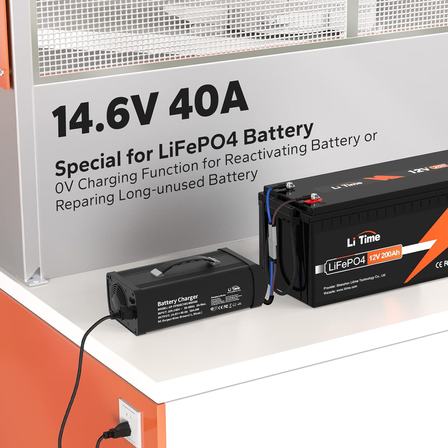 LiTime 14.6V 40A Lithium Battery Charger Mountable for 12V LiFePO4 Lithium Battery with LED Indicator and ON/Off Switch, AC-DC Smart Charger, 40A Fast Charging