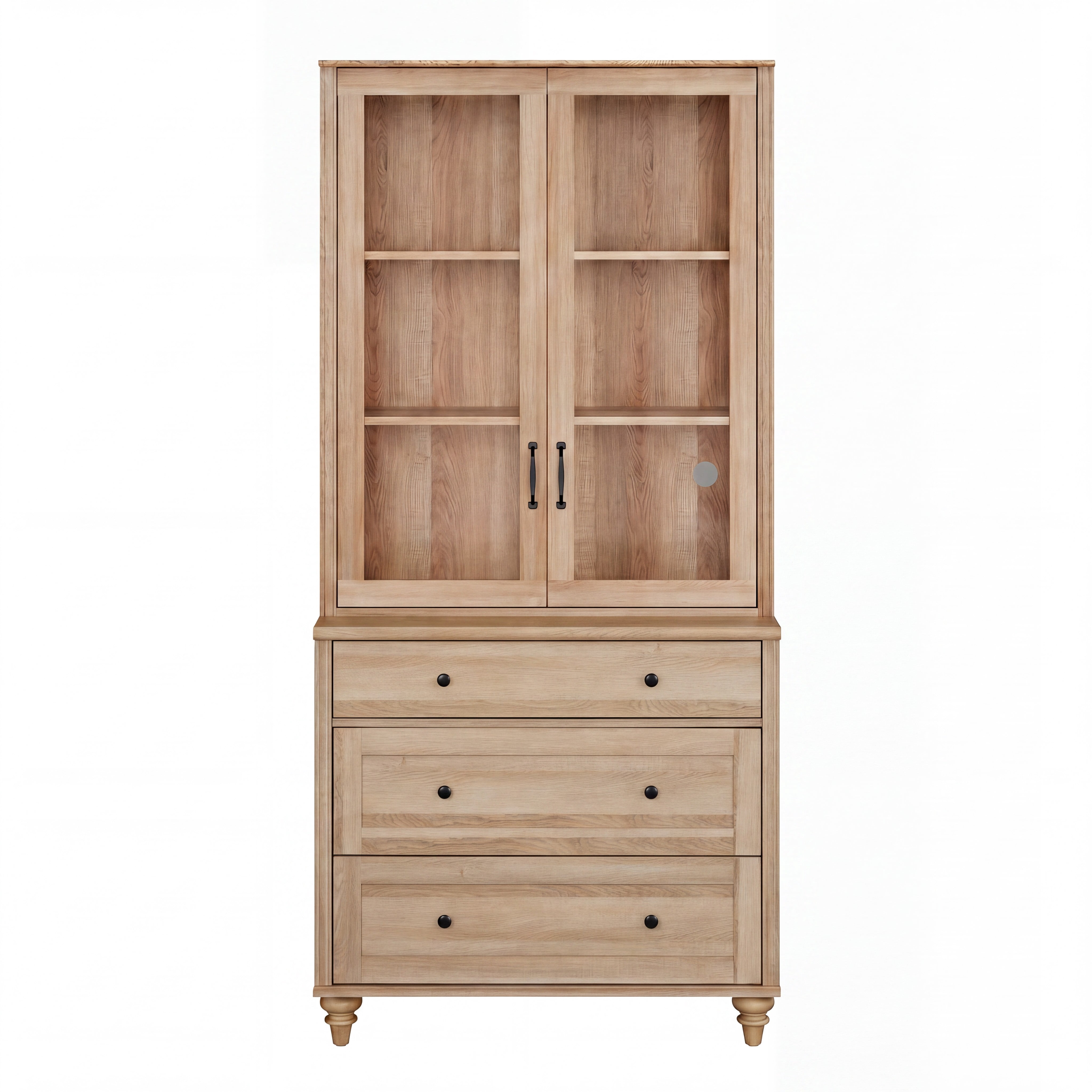 Oak 5-Tier Bookcase with Glass Doors, Bookshelf with 3 Drawers, Farmhouse Library Wooden Bookshelves for Living Room, Office, Kitchen