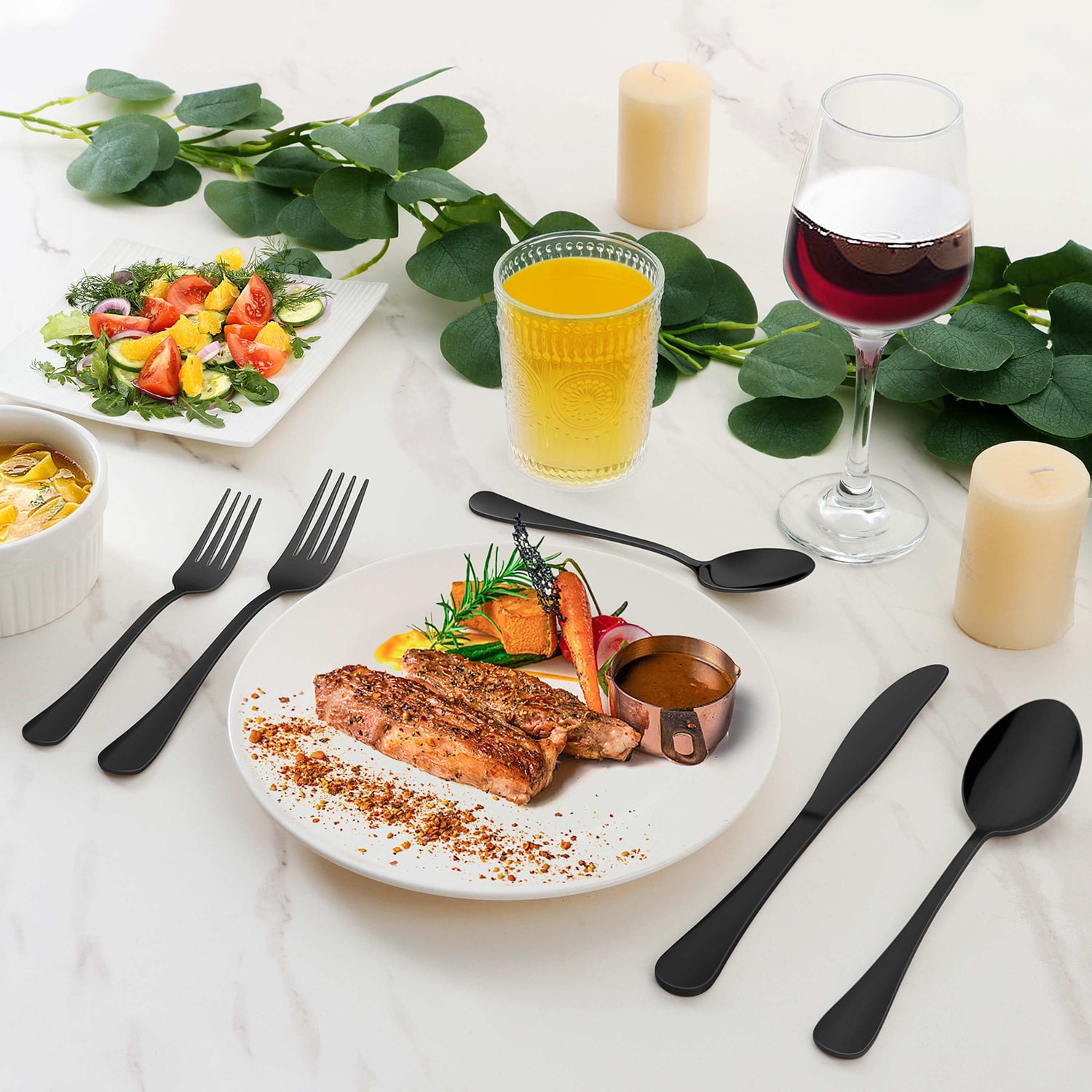 24 Pcs Black Silverware Set with Steak Knives, Stainless Steel Flatware Cutlery Set Service for 4, Kitchen Tableware Set, Utensil Set for Home and Res : Black Heavy Duty Silverware Set, 24-Piece Stainless