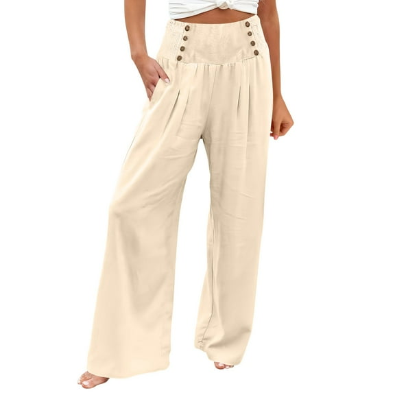 Charmgo Linen Pants Women, Women Comfy Baggy Wide Leg Pants Summer Flowy High Waisted Palazzo Beach Pants with Pockets, Flowy Pants for Women Beige L
