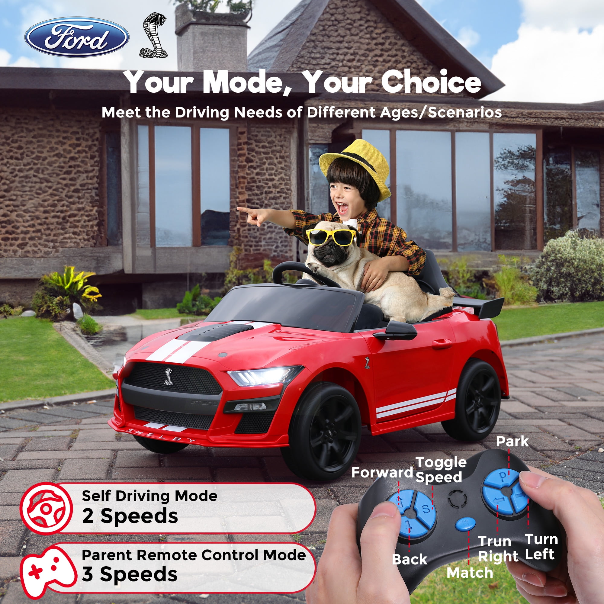 FUNTOK Licensed Ford Mustang GT500 12V 7AH Kids Electric Ride on Car Toy,16" Seater Battery Powered Car Truck with Remote Control,Bluetooth,3 Speeds,LED Headlight,Music Player & Spring Suspension