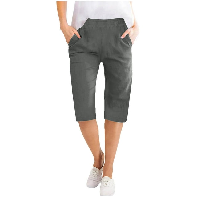 Timegard Womens Shorts Cotton Linen Elastic Waist Solid Color Summer Knee Length Trousers with Pockets