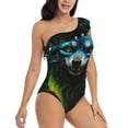 thumbnail image 3 of Sikiie Fluorescent Wolf Print Women One Piece Swimsuits Tummy Control One Shoulder Bathing Suits Ruffle Swimwear, From S to XXL-Small, 3 of 6