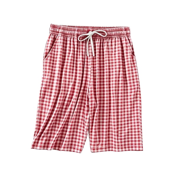 Fengactive Womens Gingham Lounge Shorts Elastic Waist Drawstring Side Pockets Relaxed Straight Fit