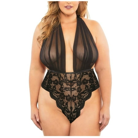 Skpblutn Plus Size Underwear Bodysuit for Women Lace Deep V Neck Teddy Halter Backless Jumpsuit Overalls Black