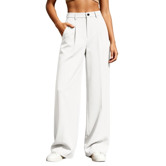 CQONEPT Womens Office Pants Wide Leg Casual High Waist Flowy Work Palazzo Dress Pants Business Slacks Long Trousers with Pockets White 2XL
