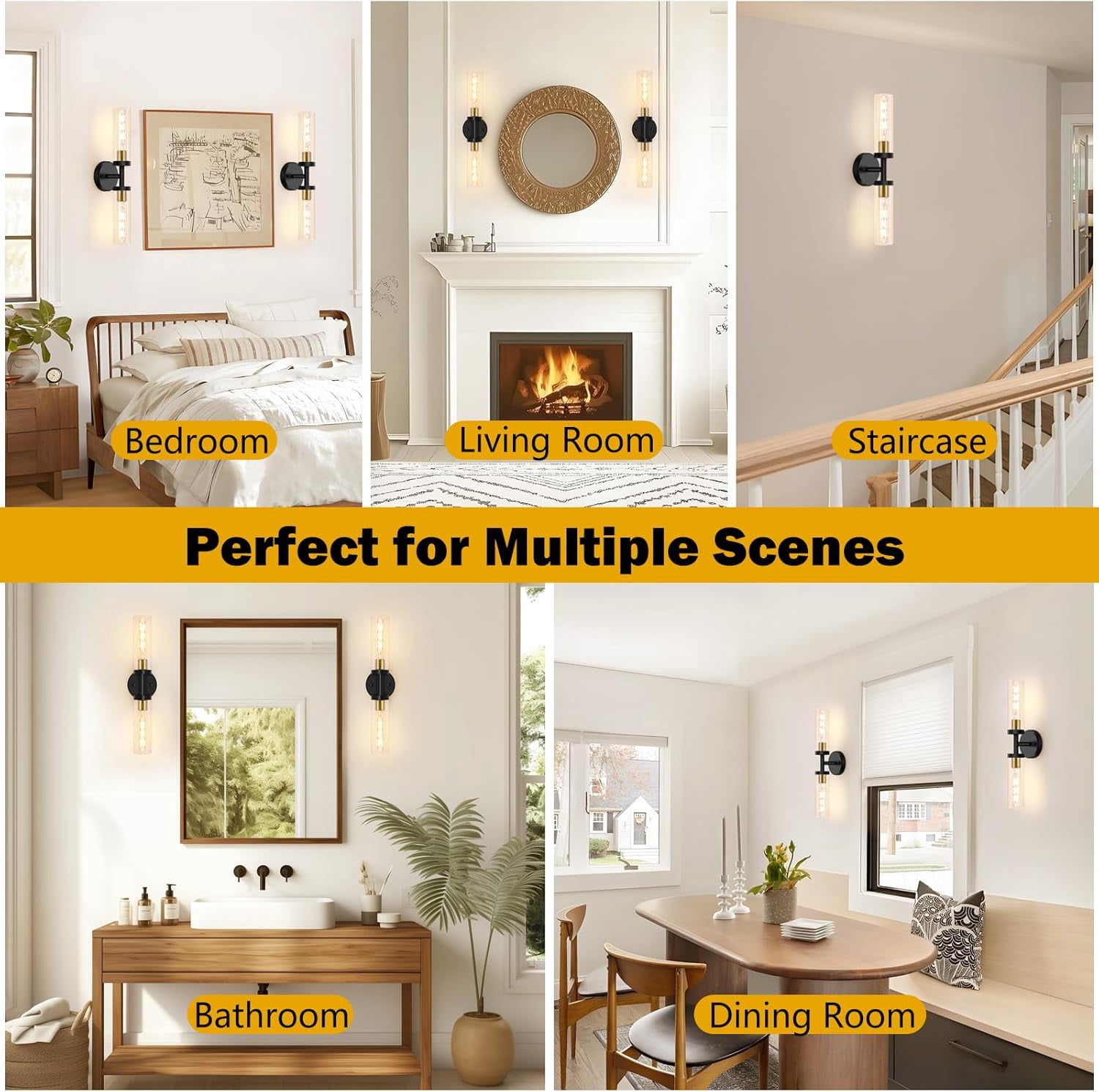 Bathroom Light Fixtures, 2-Light Black and Gold Bathroom Vanity Lighting Over Mirror, Modern Wall Sconces Set of 2 with Clear Glass, Indoor Hardwired Wall Lamp for Bedroom, Living Room, Hallway