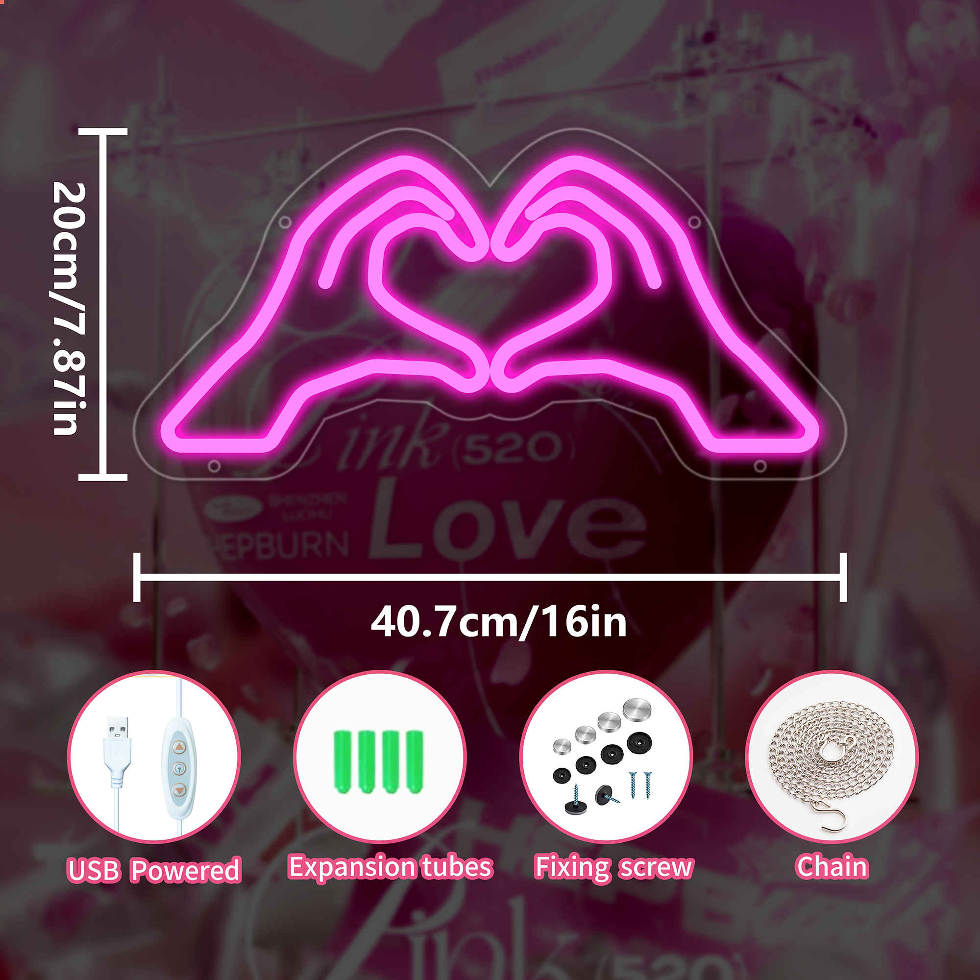 Heart Hands Neon Sign for Wall Decor, Pink Love Hand Neon Light with Dimmer and USB, Gift for Girls Led Light Up Sign for Bar, Hotel, Cafe, VIP Room, Home Decoration