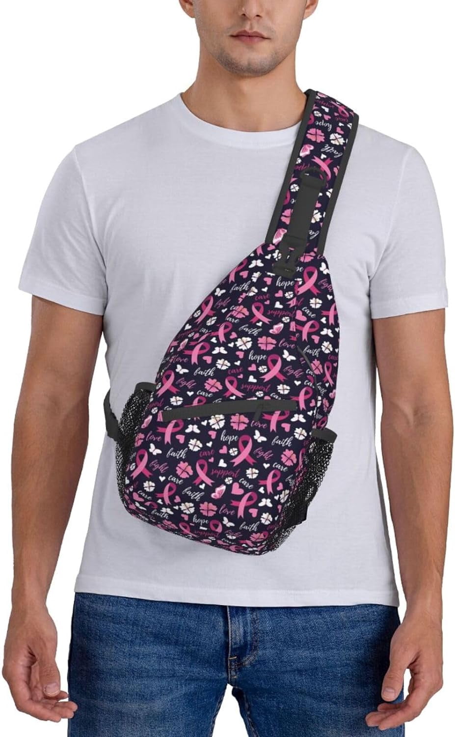 Breast Cancer Awareness Support Faith Love Hope Sling Bag Crossbody Hiking Travel Chest Bags Backpack Shoulder Daypack for Women Men