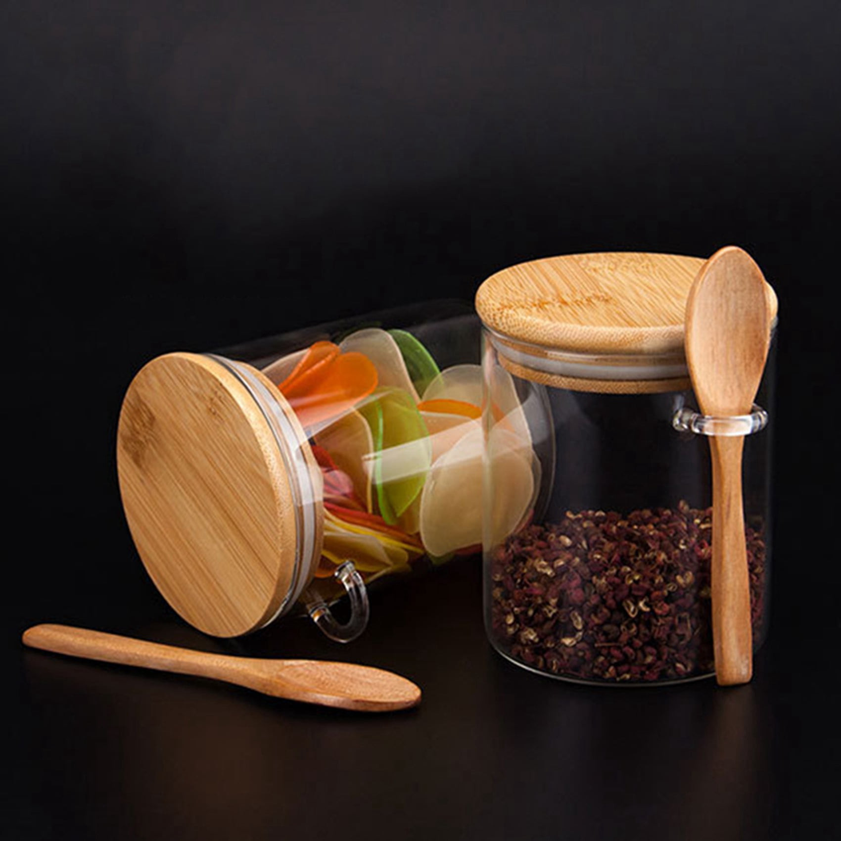 3X Glass Food Airtight Canister Lid Storage Tank Jar Food Container with Wooden Spoon
