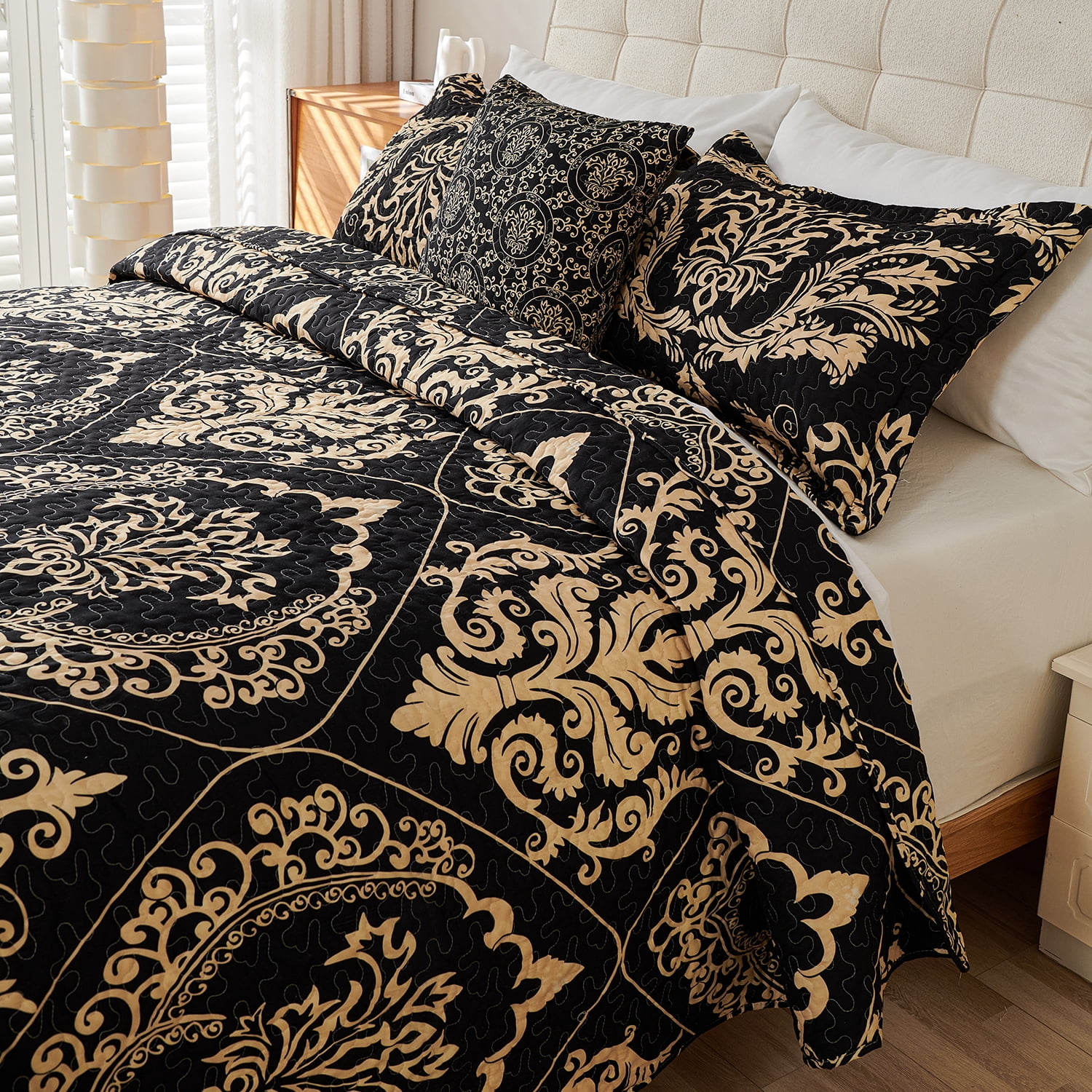 Evenhug Quilt Set 3-Piece Queen Damask Bedding Set Microfiber Floral Quilt Bedding Set With 2 Pillow Shams
