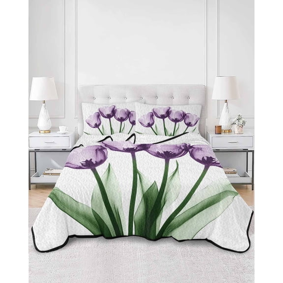 Quilts King Size, Purple Tulip Floral Soft Comforter Bedding Set for Bed, Farmhouse Elegant Botanical Flowers Lightweight Quilted Bedspread with Pillow Cover(2 Pieces) for All Season, 96x106 Inch