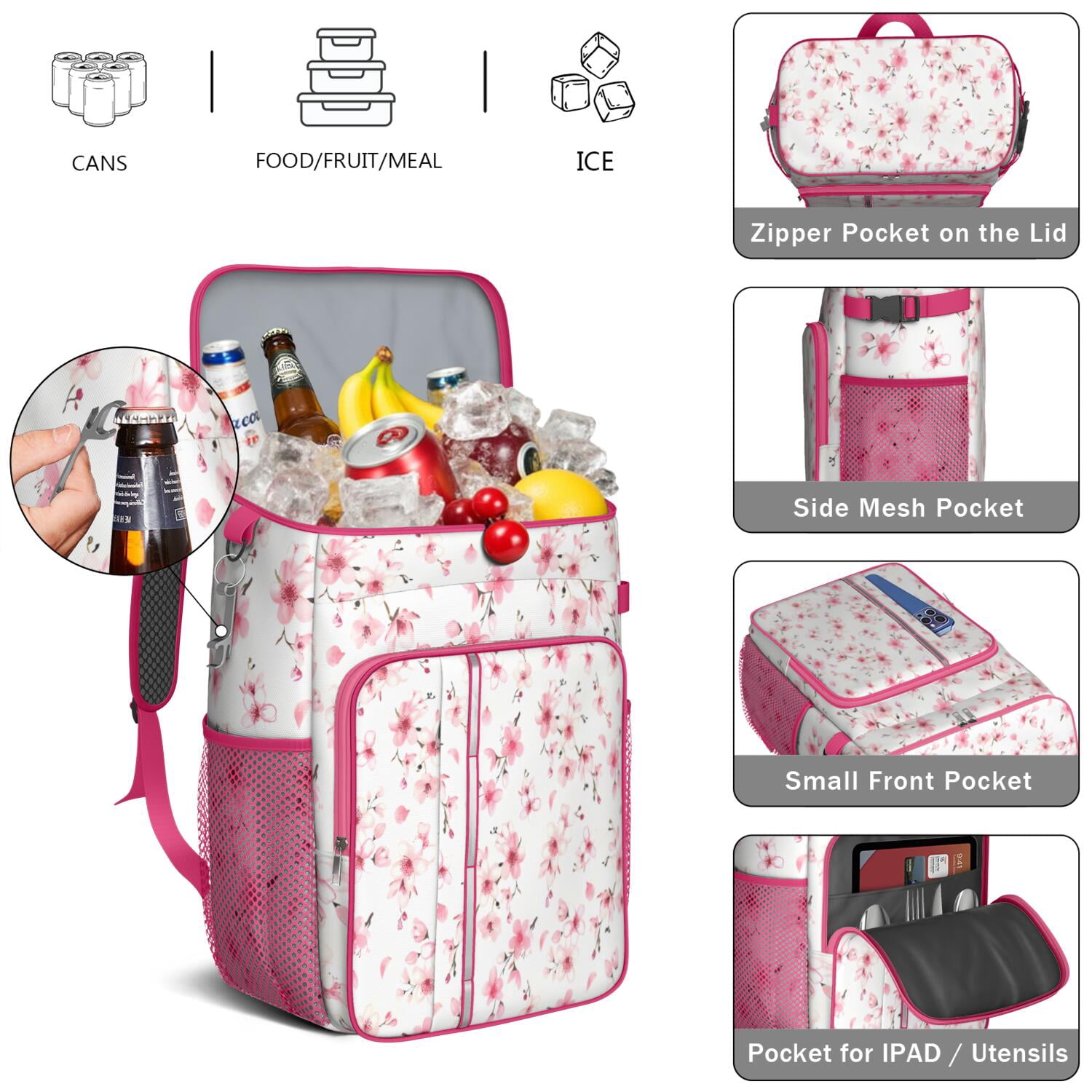 Travel Cooler Bag - Pioneer Flower Floral Print Pattern Camping Beer Cooler Backpack with Bottle Opener- Waterproof Insulated Picnic Backpacks - Cooler Bag for Beach