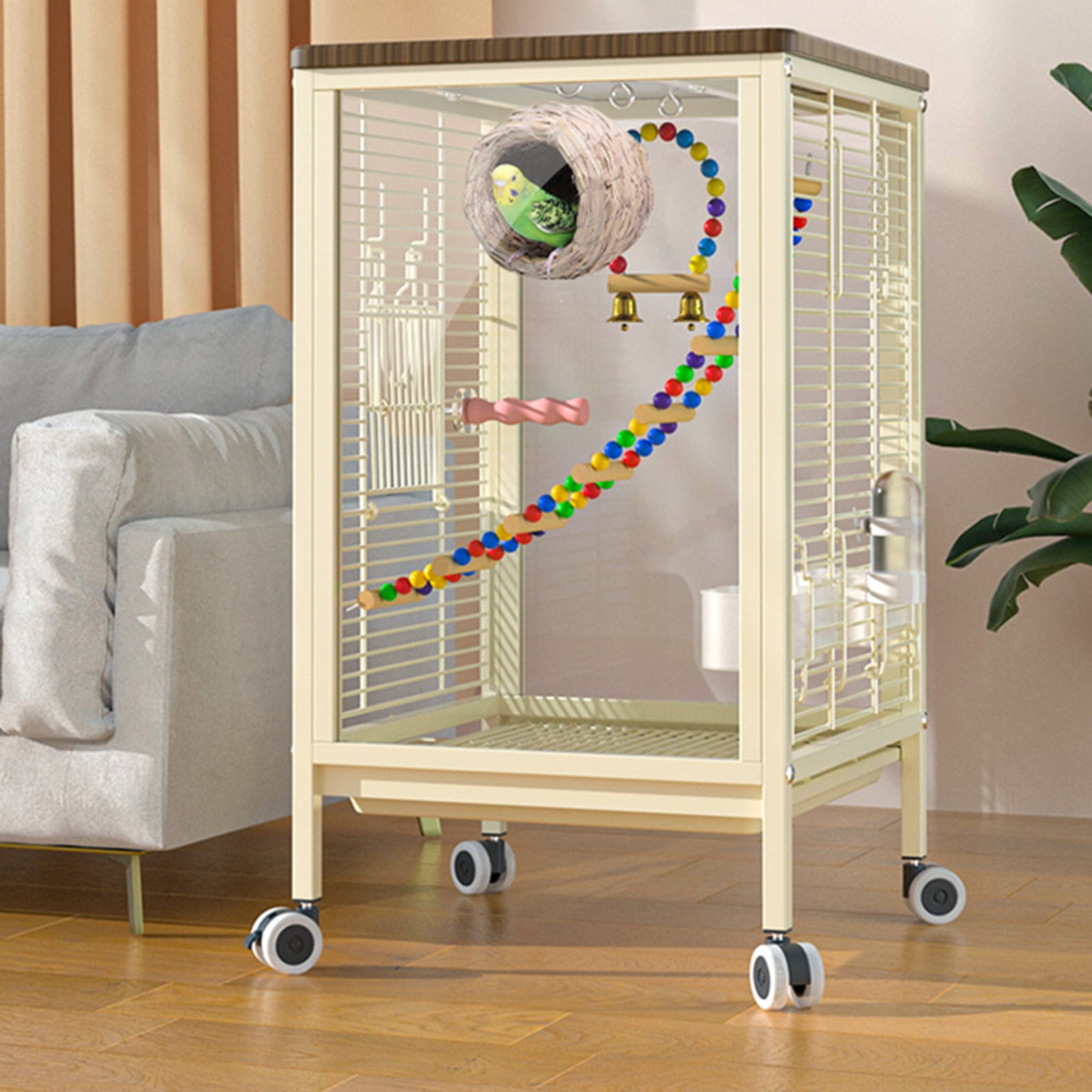 Large Bird Cage for Parrots, with Acrylic Doors & 4 Casters, Rolling Bird Cage with Acrylic Panel Birdcage Includes Perch/Feeder/Swing/Detachable Drawer with Bird Feeders
