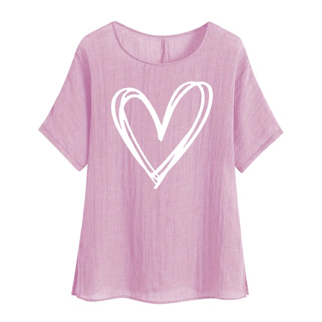 Plebaso Hauts en Coton et Lin à Manches Courtes pour Femmes, Chemises Décontractées à Col Rond en Forme de Cœur, Blouses Légères Imprimées