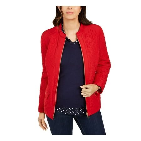 CHARTER CLUB Womens Red Textured Zippered Quilted Jacket Petites PS