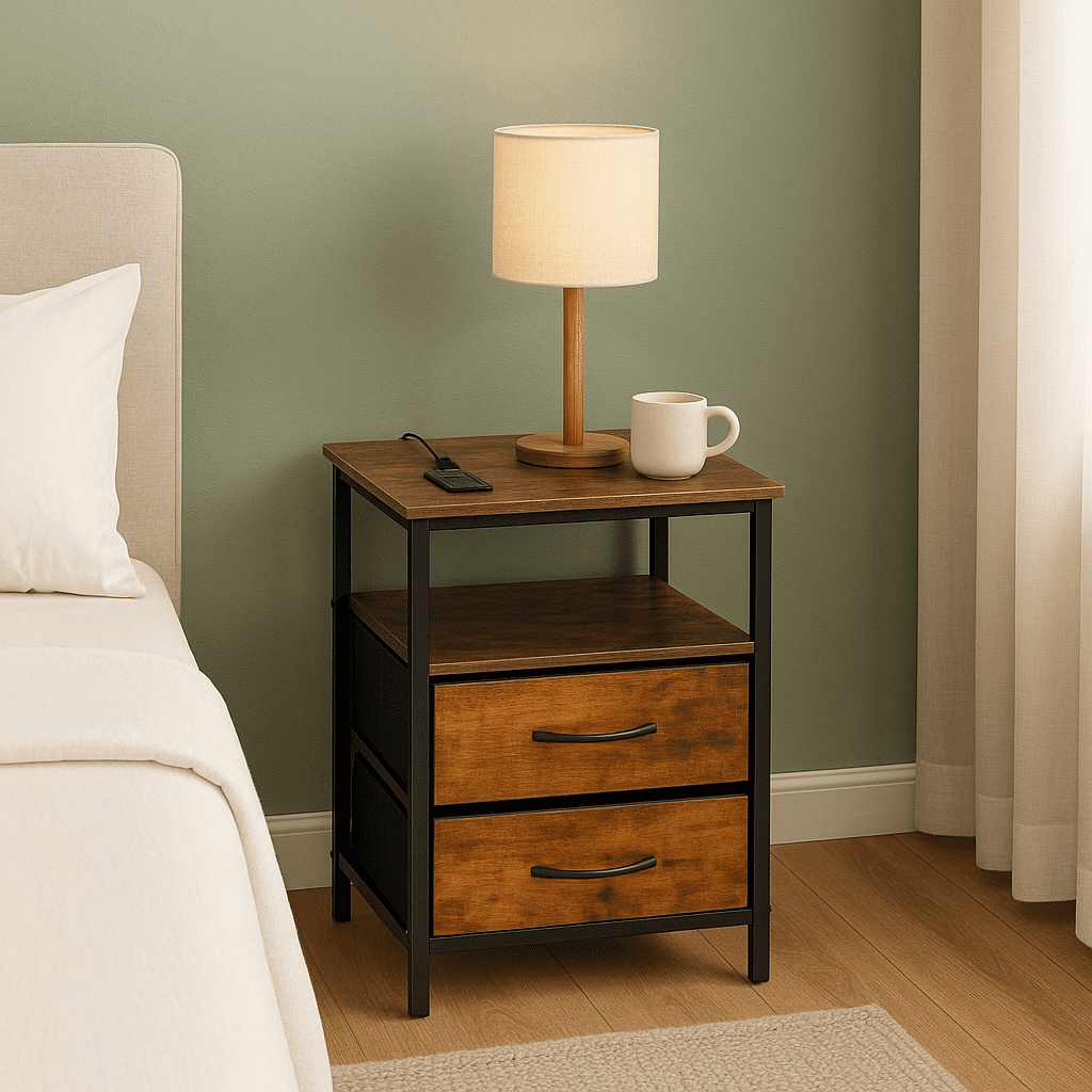 Homy Casa 2-Pack Nightstands with USB Ports and Drawers, Bedside Charging Table for Bedroom, Brown