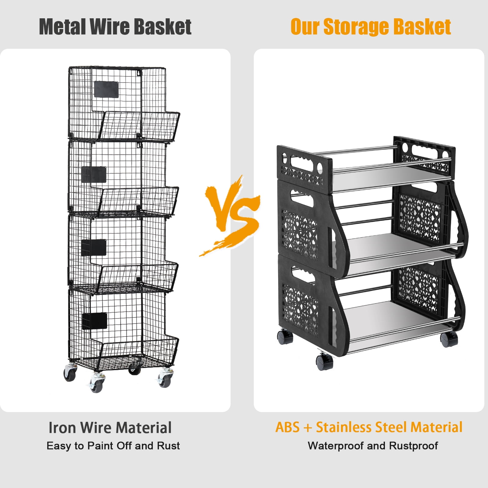 3-Tier Rolling Stackable Vegetable Fruit Basket Utility Cart Rack