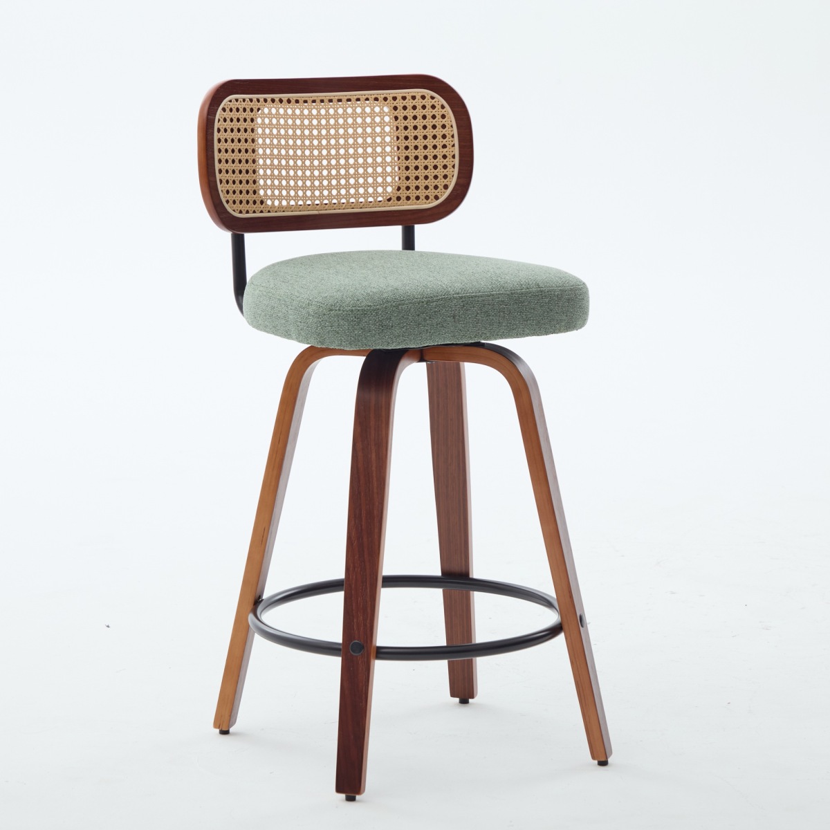 26 Inch Counter Height Swivel Bar Stools, Set of 3 Upholstered Faux Leather Bar Chairs with Walnut Back, Bentwood Legs, Mid Century Modern Island Stools for Kitchen Counter