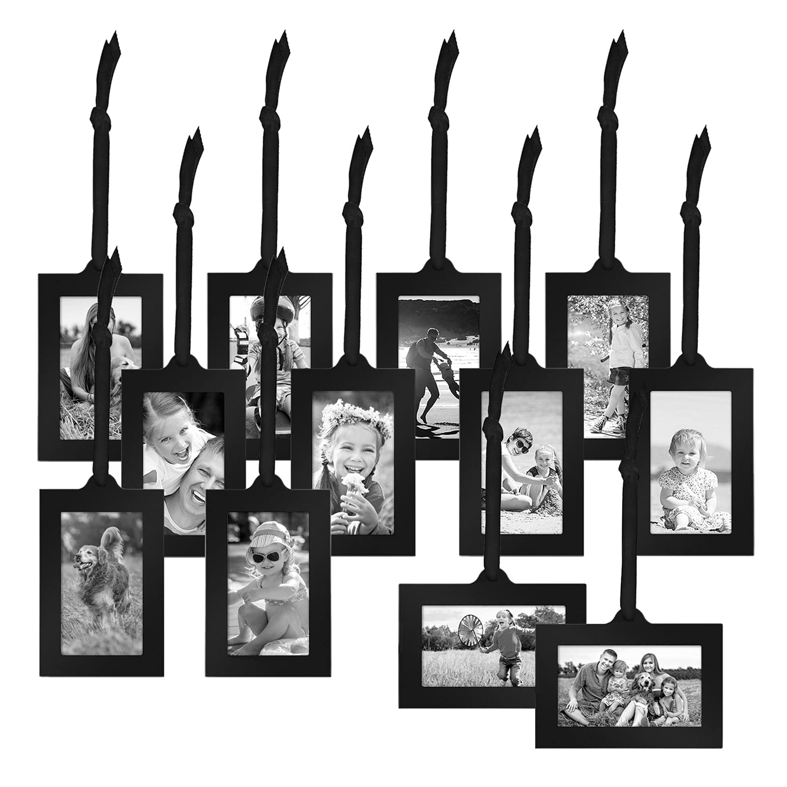 Americanflat Family Tree, 22" with 12 Hanging Mini Picture Frames for Wallet Size 2" x 3" Photos, Black with Bronze Leaves