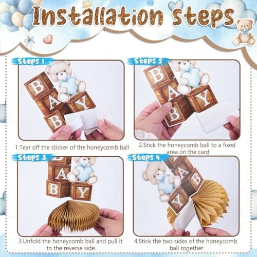 Blue Bear Baby Shower Decorations for Boy We Can Bearly Wait Baby Shower Plates and Napkins Tablecloth Banner Toppers Bracelets Sash Honeycombs Balloons for Boy Baby Shower Party Supplies Serve 26