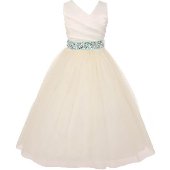 Elegant V Neck Rhinestone Belt Little Girl Flower Girls Dresses Ivory Mint 2
