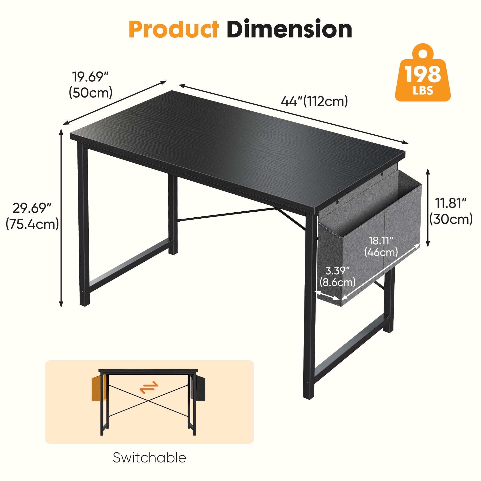 CONCETTA 44 Inch Computer Writing Desk with Storage Bag, Steel Frame for Home Office Study, Black