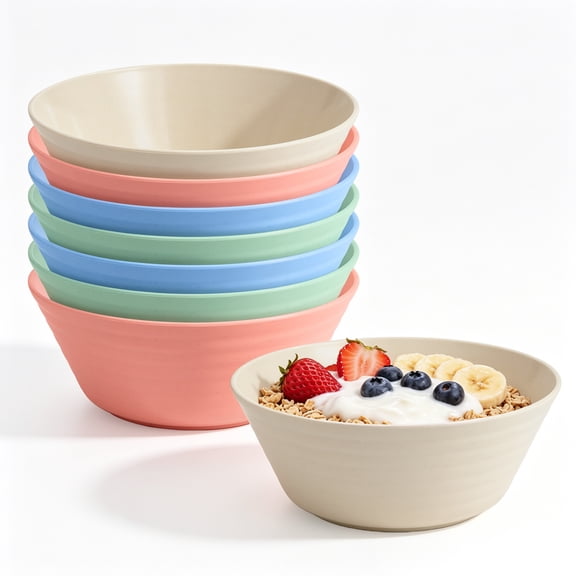 Lumikrypt 8Pcs 40oz Large Cereal Bowls Set, Unbreakable Plastic Wheat Straw Bowls Flat-bottomed, BPA-Free Microwave & Dishwasher Safe Bowls for Oatmeal, Salad, Soup, Multicolor