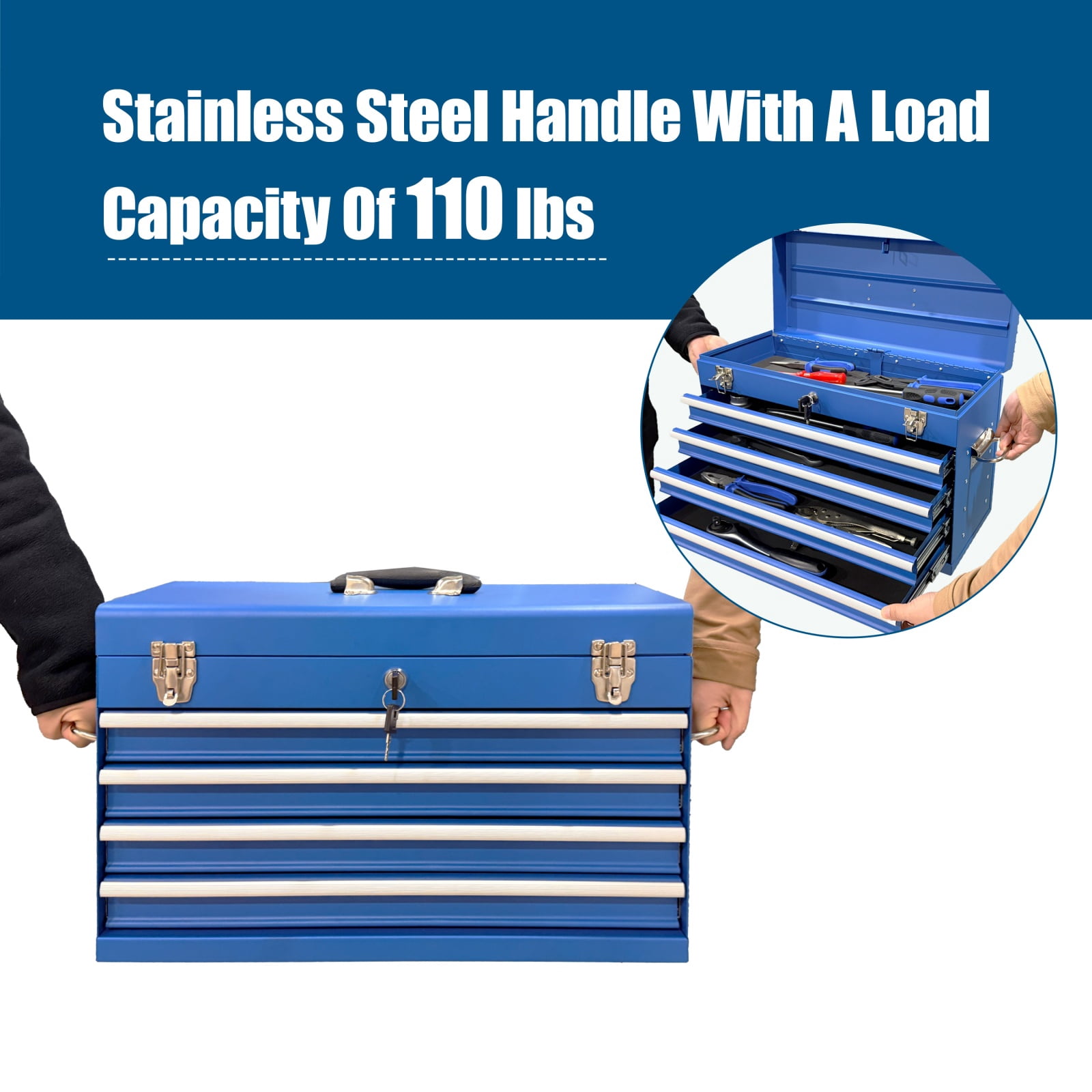 Deiokin 21" Heavy Duty Metal Tool Box, 4-Drawer Portable Tool Chest with Ball Bearing Slides & Auto-Locking System