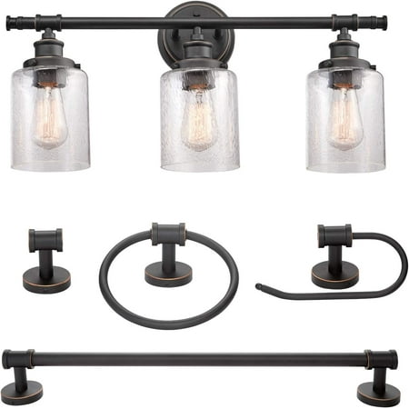 

Globe Electric 51415 5-Piece All-in-One Bathroom Accessory Set with Vanity Bronze 3-Light Vanity Light Seeded Glass Towel Bar Towel Ring Robe Hook Toilet Paper Holder Home