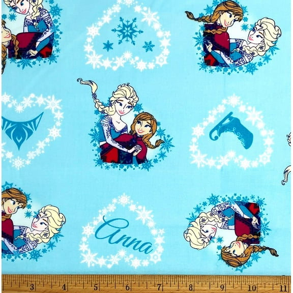 1 Fat Quarter - Disney Frozen Princess Elsa & Anna on Light Blue Cotton Fabric - 21" X 18"