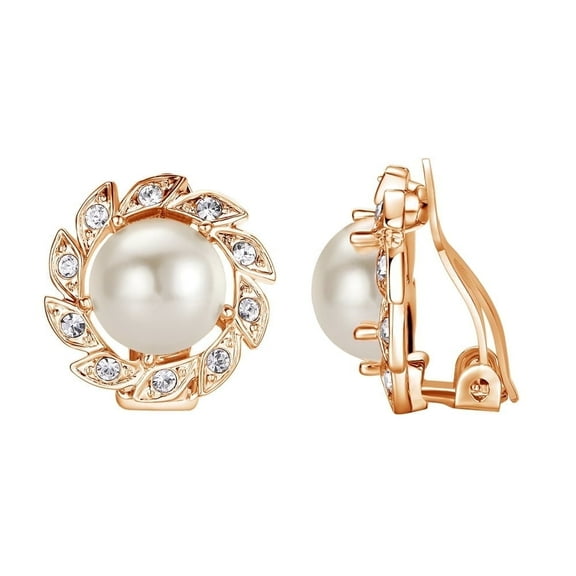 Yoursfs Gold and White Pearl Clip on Earrings for Women Non Pierced Ears Rose Gold Plated Drop Earrings with Spiral Austral Crystal Decorated Edge