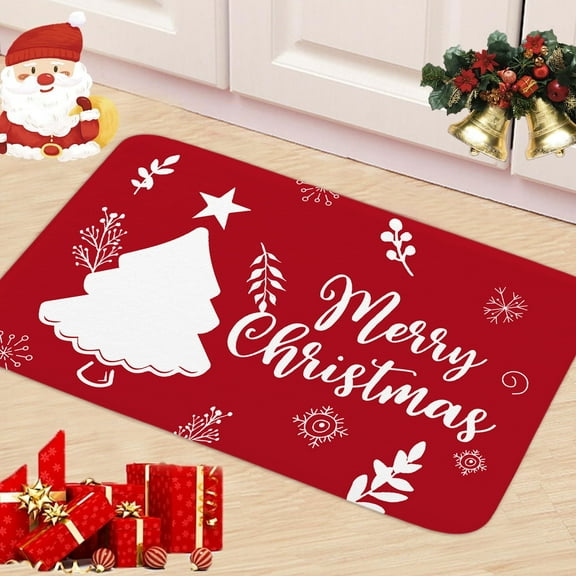Red Merry Christmas Bath Mat Rugs, Xmas Tree Winter Non-Slip Bath Mat Home Decor, New Year Holiday Christmas Theme Bathroom Rugs for Home Kitchen Bedroom Decor 17X29IN