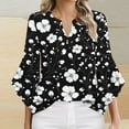 thumbnail image 2 of Black Ruched Lounge Tee Shirts for Women Summer Fall Ruffle 3/4 Bell Sleeve Vneck Spandex Floral Graphic Loose Fit Tee Shirt Tops Womens 2025 Clothing Fashion Y2K XL, 2 of 4