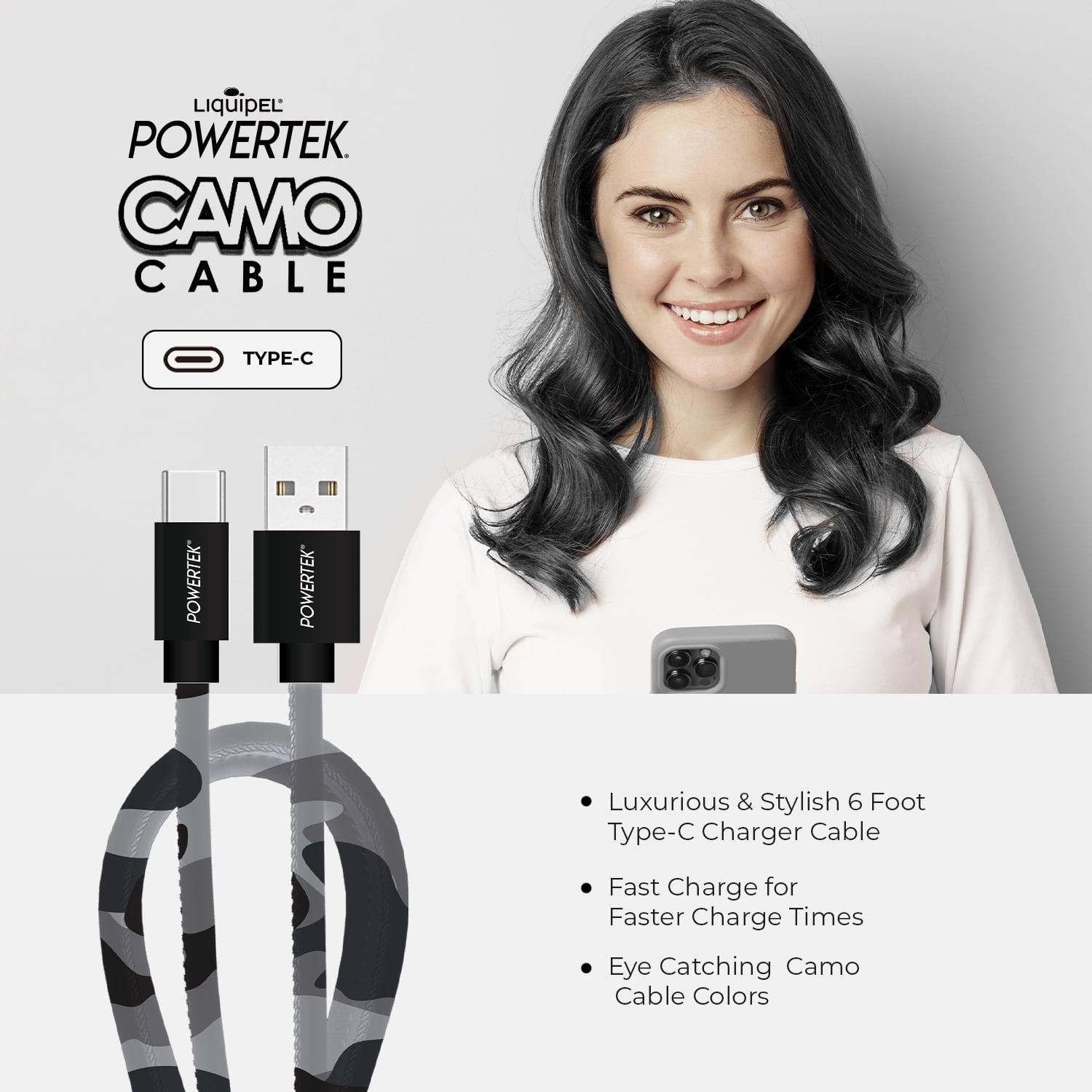 Liquipel Powertek Pastel Camo 6' USB-A to USB-C Cable, Black