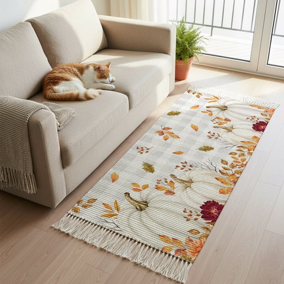 Thanksgiving Pumpkins Leaves Boho Hallway Runner Rug 2x6ft, Kitchen Runner Rug Tassel Rugs, White Gray Plaid Area Rugs Floor Carpet for Living Room Bedroom Entryway