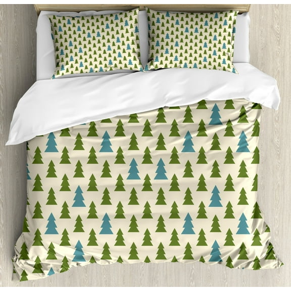 Geometric Forest Queen Size Duvet Cover Set, Fir Trees with Triangular Designs Winter Foliage, Decorative 3 Piece Bedding Set with 2 Pillow Shams, Eggshell Olive Green and Bluegrey, by Ambesonne