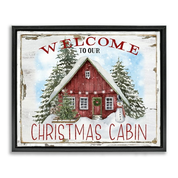 Stupell Industries Christmas Cabin Welcome Holiday Painting Black Floater Framed Canvas Art Prints Wall Art, 21 x 17